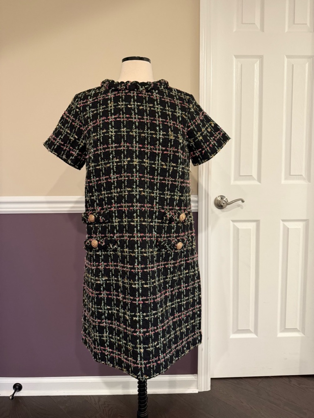 Tuckernuck Black Tweed Mini Dress with Pink and Green Windowpane